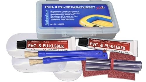 fishingglue.de PVC- & PU-Reparatur Set XXL, Plastik- Flickzeug (Vinyl, PVC, PU) Wasser-& UV-beständig für Schlauchboot Zelt Pool Gewebe Plane Markise Isomatte Luftmatratze bis 60°C wärmestabil von fishingglue.de