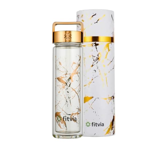 fitvia Thermoflasche "Gold Marble" 380ml Doppelverglasung, integriertes Teesieb, To-Go Behälter, Wärme- und Kältefunktion, Wasserkaraffe von fitvia