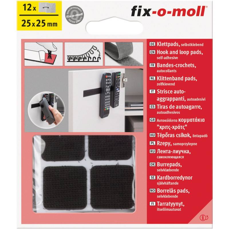 Fix-o-moll Klettpads selbstklebend 12 Sets Schwarz 25 mm x 25 mm von fix-o-moll