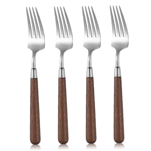 4PCS -Gabeln Silberwaren, 8x1 -Zoll -Silbergabeln Edelstahl mit hölzernen Griff einfach zu reinigen Spiegel Polier -Essspielwaren für Home Kitchen Restaurant von fkngcp