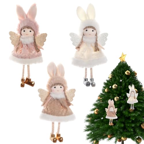 Engels Ornamente für Weihnachtsbaum 3pcs Langes Ohr gekleidet 7.1 Zoll Weihnachtsengel Hänge süße Cartoon Flügelpuppendekorationen Geschenke für Mädchen Ornamente für von fkngcp