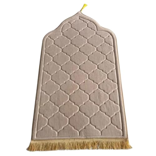 Gepolsterte Gebetsmatte 25, 6 x 43, 3 Zoll Flanell Muslim Gebetsteppich mit Quasten unregelmäßiger Bogen geformt Washabke Tragbare Matte Anti-Schlupf-Fläche Teppiche für Ramadans Eid Beige Teppich von fkngcp