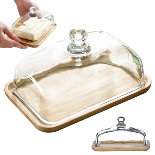 Glasbutterschale mit Deckel 7x4in Multifunktional klare Quadratbutterschale mit Deckel und Bambusschale für den Kühlschrankschalter von fkngcp