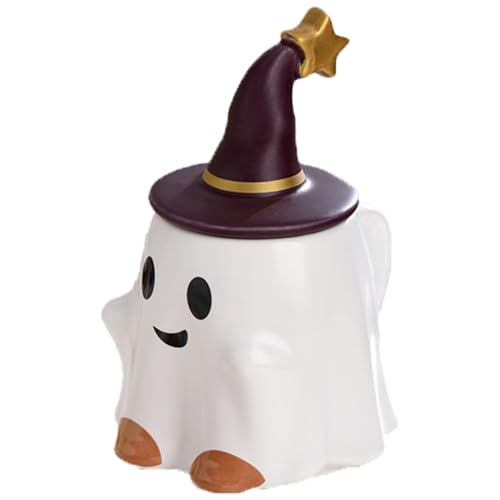 Halloween Kaffeetasse, 480 ml süße Geisterbecher mit Hexenhutdeckel, Keramik Halloween Tassen für Getränke Milch Kaffee Home Office Dekor Geschenke, Style 2 Ghost von fkngcp