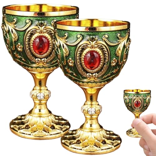 Weingänger Set mit 2 luxuriösen und alten Weingläser 30 ml Legierung Becher mit Strass geschnitzt, polierte europäische Goblets für Party, Essen, Bankett, Gold + Grün von fkngcp