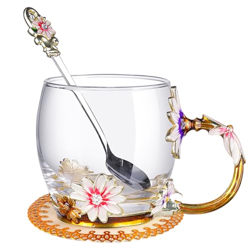 fkngcp Emaille Glass Becher klarer Blumenglas Becher mit Löffel Neuheit Emaille Blume Tee Kaffeetasse für Geburtstagsgeschenk Kurz 320 ml von fkngcp