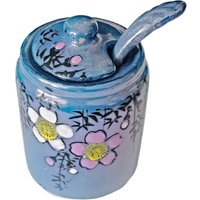 Blauer Lusterware Handgemalter Kirschblüten-Salzgefäß, Vintage Japan Blue Lustreware-Salz, Blauer Hartriegelblüten-Salzgefäß von flabbyrabbit