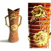 Wunderschöne Enesco Vase Vintage Gold Rosen, Vase, Braun-Gold-Keramikvase, Mid Century Goldene Rose Griffvase von flabbyrabbit