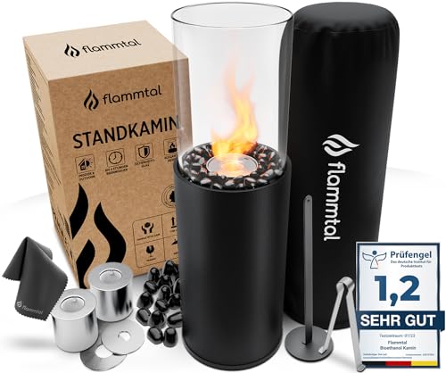 Flammtal Bioethanol Kamin [8h Brenndauer / 80x26x26 cm] - Freistehender Ethanol Standkamin für Outdoor & Indoor - Ethanol Kamin mit verstellbarer Flamme - Bio Ethanol Kaminofen Indoor - Terrassenkamin von flammtal