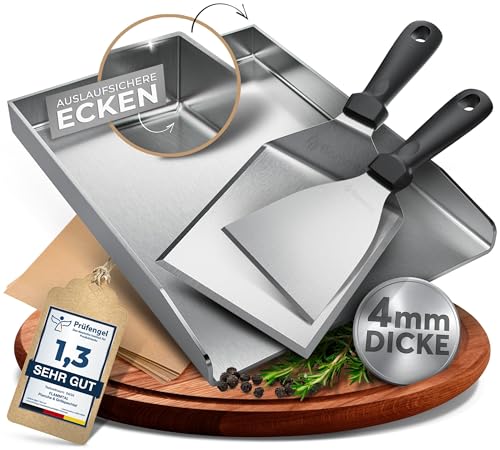 flammtal - Plancha Grillplatte [30x40 cm] - Grillplatte Edelstahl mit Grillspachtel Set & 20 Burgerpapier - Massive 4mm Edelstahl Grillplatte Gasgrill von flammtal