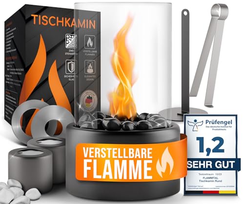 flammtal - Tischkamin [4h Brenndauer] - Tischfeuer für Indoor & Outdoor - Mit Verstellbarer Flamme - Bio Ethanol Kamin mit Zwei Steinarten [weiß & schwarz] - Bioethanol Tischkamin mit 2 Brennkammern von flammtal