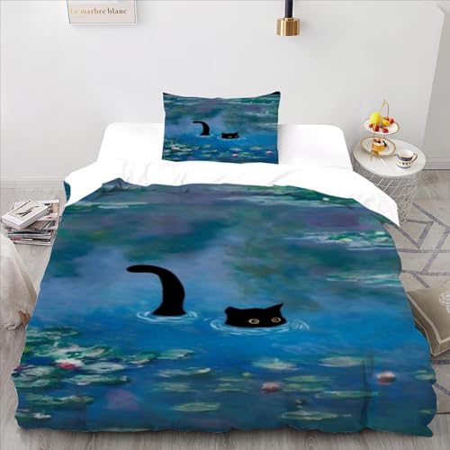 flapperons Monet Cat Waterlilieswebp Bettwäsche Set Bettbezug Set Schlafzimmer Betten Set modischer Bettbezug 3 teilig Bettwäsche mit Kissenbezug Einzelbett (135 x 200 cm) von flapperons