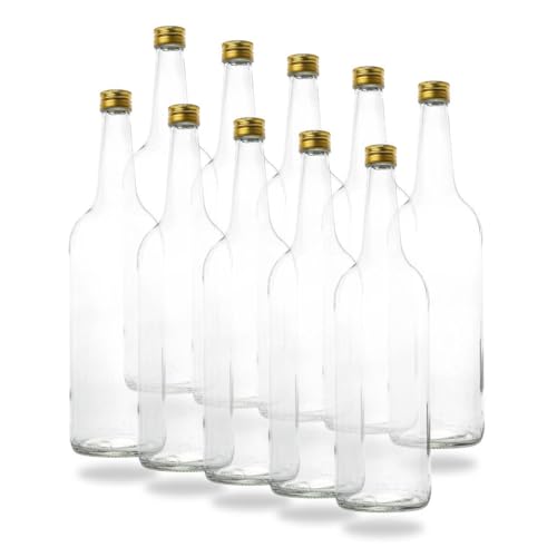 10 leere 1 Liter Glasflaschen 1000ml mit Schraubverschluss Gold PP28 - Glastrinkflasche 1l ideal als Wasserflasche Glas 1l, Schnapsflaschen 1l, Likörflaschen 1l oder leere Weinflaschen 100 cl von flaschenbauer.de