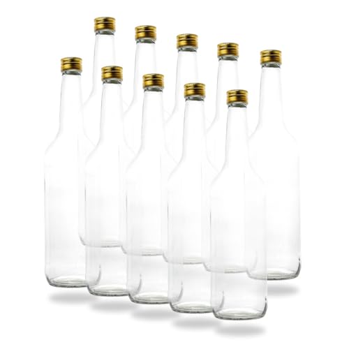 10 leere Glasflaschen 700 ml 0,7 Liter mit PP28 Schraubverschluss Gold – verwendbar als Schnapsflaschen, Likörflaschen 700ml, leere Weinflaschen, Essig und Öl Flaschen Set von flaschenbauer.de