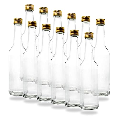 12 Kleine Glasflaschen 350ml (0,35l) mit PP28 Schraubverschluss Gold – leere, kleine Flaschen zum Befüllen, z.B. leere Weinflaschen, kleine Schnapsflaschen, Likörflaschen 350 ml von flaschenbauer.de
