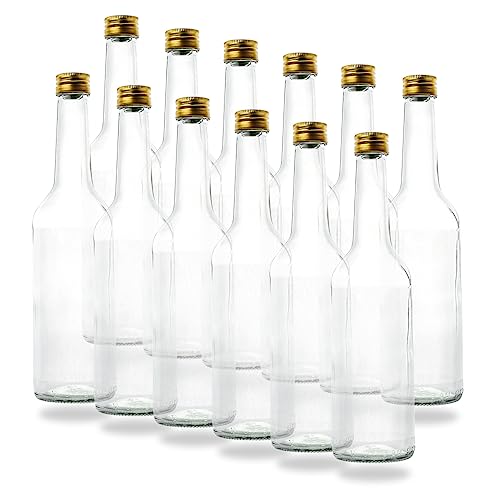 12 Kleine Glasflaschen 500ml (0,5l) mit PP28 Schraubverschluss Gold – leere, kleine Flaschen zum Befüllen, z.B. leere Weinflaschen, kleine Schnapsflaschen, Likörflaschen 500 ml von flaschenbauer.de