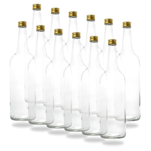 12 leere 1 Liter Glasflaschen 1000ml mit Schraubverschluss Gold PP28 - Glastrinkflasche 1l ideal als Wasserflasche Glas 1l, Schnapsflaschen 1l, Likörflaschen 1l oder leere Weinflaschen 100 cl von flaschenbauer.de