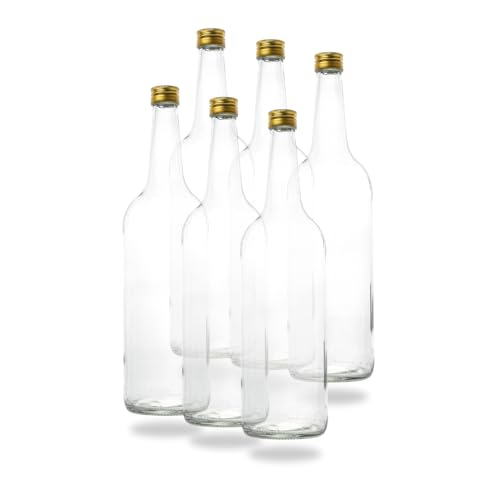 12 leere 1 Liter Glasflaschen 1000ml mit Schraubverschluss Gold PP28 - Glastrinkflasche 1l ideal als Wasserflasche Glas 1l, Schnapsflaschen 1l, Likörflaschen 1l oder leere Weinflaschen 100 cl von flaschenbauer.de