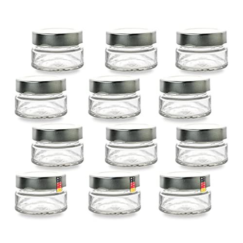 Flaschenbauer - 12er Set Mini Einmachgläser 75ml - TO 58 Deep Deckel Silber - Perfekt für Marmelade, Gewürze, Honig, Gelee und DIY Geschenke von flaschenbauer.de