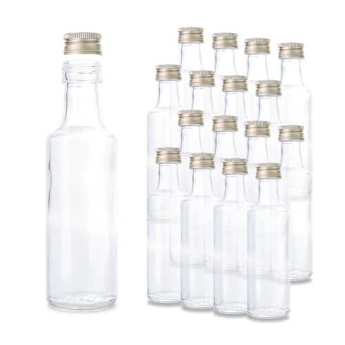 16 kleine Glasflaschen mit Schraubverschluss PP24 – Mini Glasflaschen 100ml verwendbar als Schnapsflaschen klein, Likörflaschen 100ml oder kleine Flaschen zum befüllen mit Spirituosen Aller Art von flaschenbauer.de