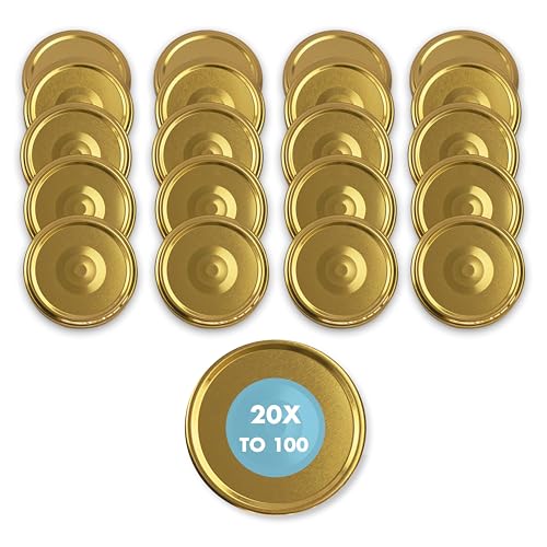 20 St. Ersatzdeckel Twist-off-Deckel 100 mm gold mit Button für Gläser und Glasflaschen, Milchflaschen und Einmachgläser, Deckel für Marmeladen, Honig, Feinkost, Gewürzgläser mit Gebrauchsanweisung von flaschenbauer.de