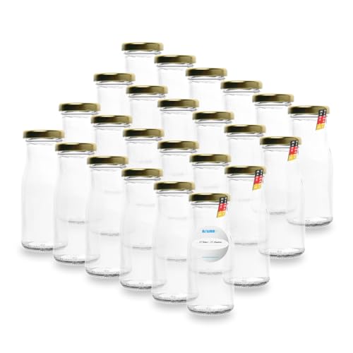 24 Leere Flaschen, kleine Glasflaschen 150 ml in Weiß TO43 mit goldenem Verschluss – Zum Befüllen von Milchflaschen, Saftflaschen, oder als Deko-Vase, inklusive Etiketten von flaschenbauer.de