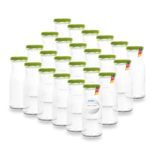 24 Leere Flaschen, kleine Glasflaschen 150 ml in Weiß TO43 mit hellgrünem Verschluss – Zum Befüllen von Milchflaschen, Saftflaschen, oder als Deko-Vase, inklusive Etiketten von flaschenbauer.de