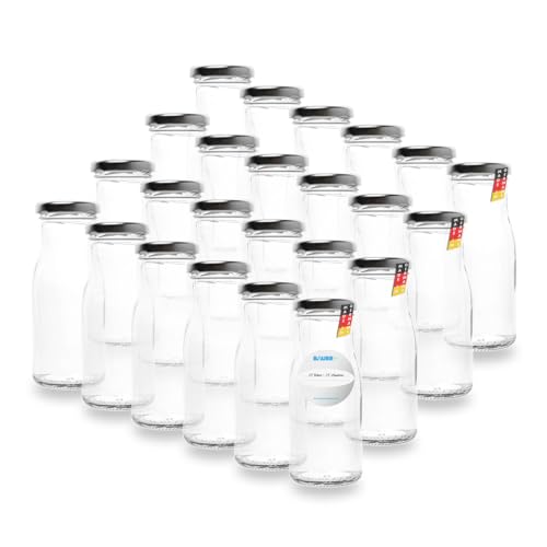 24 Leere Flaschen, kleine Glasflaschen 150 ml in Weiß TO43 mit silbernem Verschluss – Ideal zum Befüllen von Milchflaschen, Saftflaschen, oder als Deko-Vase, inklusive Etiketten von flaschenbauer.de