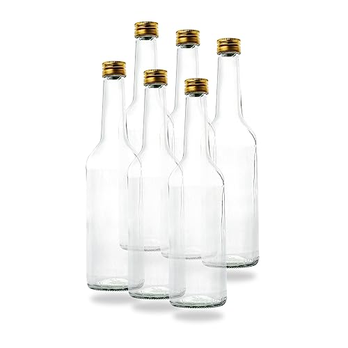 6 Kleine Glasflaschen 500ml (0,5l) mit PP28 Schraubverschluss Gold – leere, kleine Flaschen zum Befüllen, z.B. leere Weinflaschen, kleine Schnapsflaschen, Likörflaschen 500 ml von flaschenbauer.de