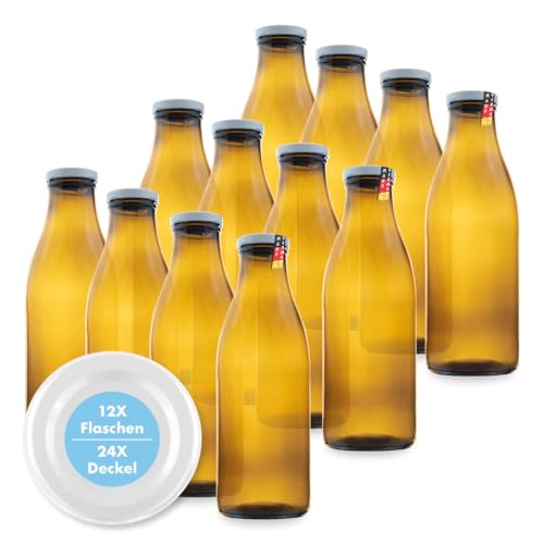 FLASCHENBAUER – Milchflaschen 1 Liter – 12x Glasflaschen 1 Liter – Twist-Off-Deckeln + Ersatz TO48 – Saftflasche, Smoothie Flasche & Weithalsflasche – Robust, temperaturbeständig [Braune-Flasche] von flaschenbauer.de