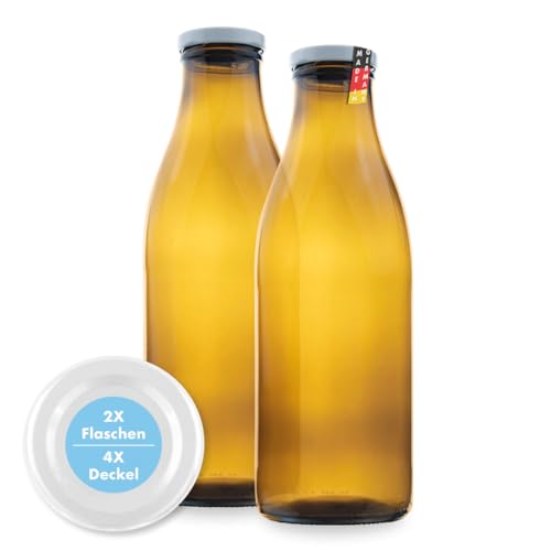 FLASCHENBAUER – Milchflaschen 1 Liter – 2x Glasflaschen 1 Liter – Twist-Off-Deckeln + Ersatz TO48 – Saftflasche, Smoothie Flasche & Weithalsflasche – Robust, temperaturbeständig [Braune-Flasche] von flaschenbauer.de