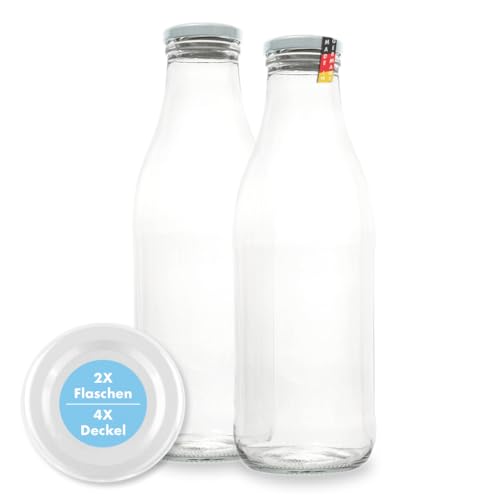 FLASCHENBAUER – Milchflaschen 1 Liter – 2x Glasflaschen 1 Liter – Twist-Off-Deckeln + Ersatz TO48 – Saftflasche, Smoothie Flasche & Weithalsflasche – Robust, temperaturbeständig [Weiße-Flasche] von flaschenbauer.de