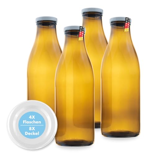 FLASCHENBAUER – Milchflaschen 1 Liter – 4x Glasflaschen 1 Liter – Twist-Off-Deckeln + Ersatz TO48 – Saftflasche, Smoothie Flasche & Weithalsflasche – Robust, temperaturbeständig [Braune-Flasche] von flaschenbauer.de