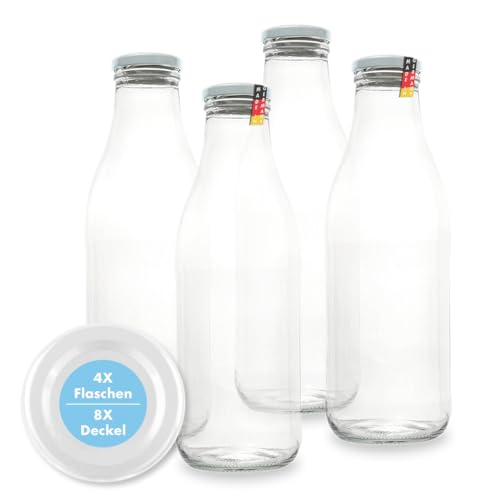 FLASCHENBAUER – Milchflaschen 1 Liter – 4x Glasflaschen 1 Liter – Twist-Off-Deckeln + Ersatz TO48 – Saftflasche, Smoothie Flasche & Weithalsflasche – Robust, temperaturbeständig [Weiße-Flasche] von flaschenbauer.de