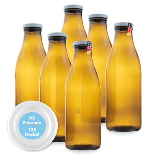FLASCHENBAUER – Milchflaschen 1 Liter – 6x Glasflaschen 1 Liter – Twist-Off-Deckeln + Ersatz TO48 – Saftflasche, Smoothie Flasche & Weithalsflasche – Robust, temperaturbeständig [Braune-Flasche] von flaschenbauer.de