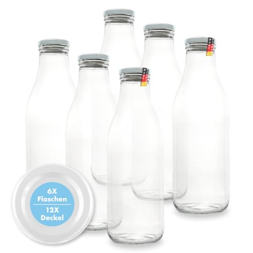 FLASCHENBAUER – Milchflaschen 1 Liter – 6x Glasflaschen 1 Liter – Twist-Off-Deckeln + Ersatz TO48 – Saftflasche, Smoothie Flasche & Weithalsflasche – Robust, temperaturbeständig [Weiße-Flasche] von flaschenbauer.de