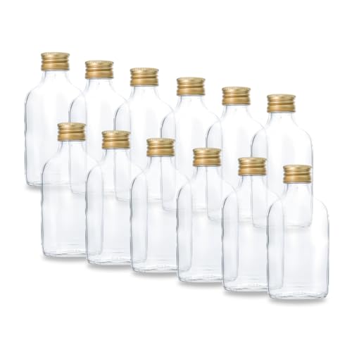 Flachmann Glas – 12 kleine Glasflaschen 100ml - Kleine Glasflaschen mit Schraubverschluss (28 mm, gold), verwendbar als kleine Schnapsflaschen 100ml oder Likörflaschen 100ml von flaschenbauer.de