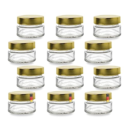 Flaschenbauer - 12er Set Mini Einmachgläser 75ml - TO 58 Deep Deckel Gold - Perfekt für Marmelade, Gewürze, Honig, Gelee und DIY Geschenke - Luftdicht - Spülmaschinenfest von flaschenbauer.de