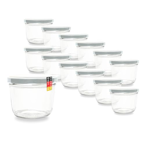 Flaschenbauer 12er Set Premium Sturzgläser 230ml - Vielseitige Marmeladengläser & Einmachgläser mit Wahlweise Farbigen Twist Off Deckeln - Ideal für Suppen, Dips, Tee, Kräuter (Weiß) von flaschenbauer.de