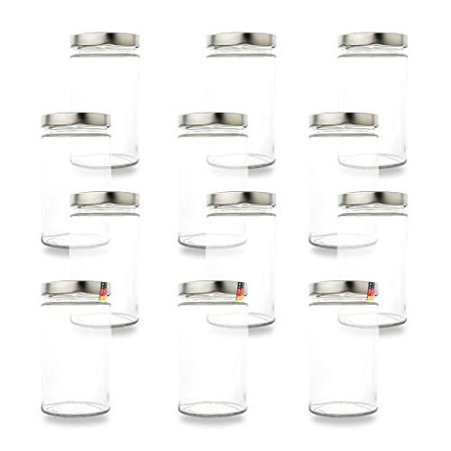 Flaschenbauer - 12er Set Vorratsgläser 720ml | 82mm Deep-Schraubdeckel | Einmachgläser mit Silbernen Deckeln | Perfekte Vorratsdosen aus Glas zum Einkochen & Aufbewahren von Obst, Gemüse und Gewürzen von BAUER