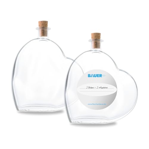 Flaschenbauer - 2 x Herz Flasche Passion: Glasflasche Herz 500 ml - 2 Glasflaschen mit Korken, Transparent, 500 Milliliter, Schnapsflaschen oder Deko Flaschen, Inklusive Etikett von flaschenbauer.de