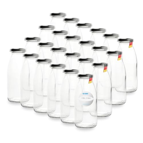 Flaschenbauer - 24 Leere Glasflaschen 250 ml mit Schraubverschluss TO43, 0,25 l in Silber – Zum Selbstbefüllen von Milchflaschen, Saftflaschen, Smoothie-Flaschen, inklusive Etiketten von flaschenbauer.de
