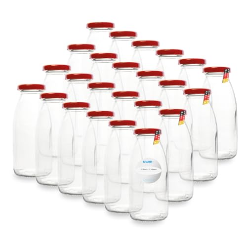 Flaschenbauer - 24 Leere Glasflaschen 250 ml in Weiß mit Schraubverschluss TO43, 0,25 l – Zum Selbstbefüllen von Milchflaschen, Saftflaschen, Smoothie-Flaschen (Rot), inklusive Etiketten von flaschenbauer.de