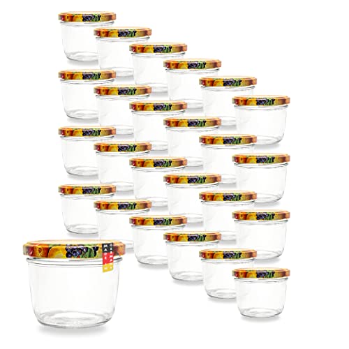 Flaschenbauer 24er Set Premium Sturzgläser 230ml - Vielseitige Marmeladengläser & Einmachgläser mit Wahlweise Farbigen Twist Off Deckeln - Ideal für Suppen, Dips, Tee, Kräuter - TO82/Obstdekor von flaschenbauer.de