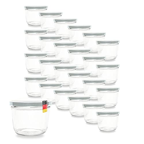 Flaschenbauer 24er Set Premium Sturzgläser 230ml - Vielseitige Marmeladengläser & Einmachgläser mit Wahlweise Farbigen Twist Off Deckeln - Ideal für Suppen, Dips, Tee, Kräuter - TO82/Weiß von flaschenbauer.de