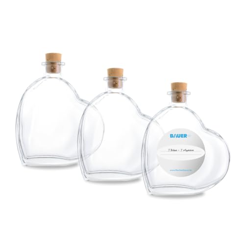 Flaschenbauer - 3 x Herz Flasche Passion: Glasflasche Herz 200 ml - 3 Mini Glasflaschen mit Korken verwendbar als Geschenkidee, kleine Glasflaschen 200ml, Schnapsflaschen Inklusive Etikett von flaschenbauer.de