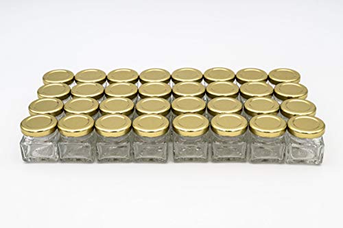 Flaschenbauer - 32 Mini Einmachgläser klein 40 ml Vierkant Gläser mit Schraubverschluss to 43 Gold - Mini Gläser mit Deckel perfekt als Mini Marmeladengläser klein, Honiggläser Mini von flaschenbauer.de