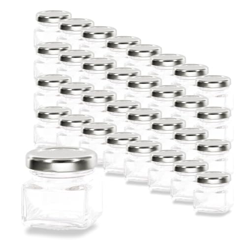 Flaschenbauer - 32 Mini Gläser 40 ml quadratisch mit silbernem Schraubdeckel TO 43 - Perfekte Mini Gläser für Marmelade, Honig und Geschenke von flaschenbauer.de