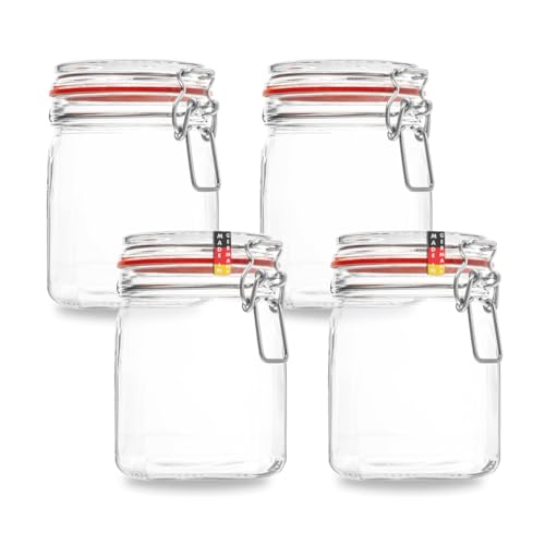 Flaschenbauer - 4-teiliges Set Drahtbügel-Vorratsgläser 900ml, geeignet als Einmach- und Fermentierglas, zur Aufbewahrung, zum Befüllen, leere Gläser mit Drahtbügel - Made in Germany von BAUER