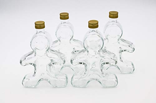 Flaschenbauer - 4 x leere Glasflaschen 250ml Lebkuchenmann: Mini Glasflaschen mit Schraubverschluss Gold verwendbar als kleine Flaschen zum Befüllen, leere Schnapsflaschen klein, Likörflaschen von flaschenbauer.de